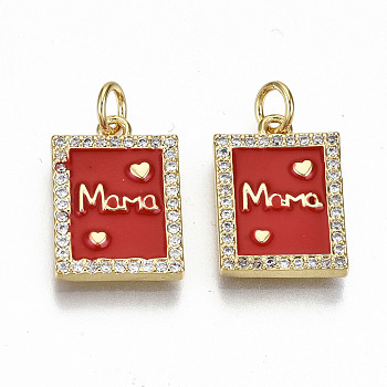 Real 16K Gold Plated Brass Micro Pave Clear Cubic Zirconia Pendants, with Jump Rings and Enamel, for Mother's Day, Nickel Free, Rectangle with Word Mama, Red, 16.5x11.5x2mm, Jump Ring: 5x0.8mm, 3.4mm inner diameter