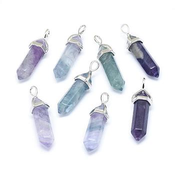 Natural Fluorite Double Terminated Pointed Pendants, with Platinum Tone Alloy Findings, Bullet, 39x10x12mm, Hole: 3x5mm