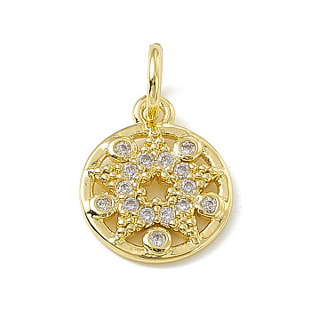 Brass Micro Pave Clear Cubic Zirconia Charms, Flat Round with Star, with Open Jump Rings, Real 18K Gold Plated, 12.5x10x1.5mm, Ring: 5x0.8mm, Hole: 3mm