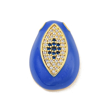 Rack Plating Brass Micro Pave Cubic Zirconia Pendants, Long-Lasting Plated, Cadmium Free & Lead Free, with Enamel, Teardrop with Eye, Real 18K Gold Plated, Blue, 22x15x6.7mm, Hole: 2.5x2.5mm