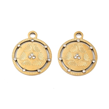 Ion Plating(IP) 304 Stainless Steel Pendant, with rhinestone, Flat Round with Butterfly, Real 18K Gold Plated, 21x18x2mm, Hole: 2.5mm