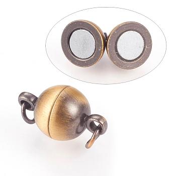 Brass Magnetic Clasps with Loops, Round, Brushed Antique Bronze, 14x8mm, Hole: 3mm