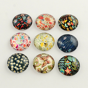Flatback Half Round Insect and Plants Pattern Glass Dome Cabochons, for DIY Projects, Mixed Color, 8x3mm