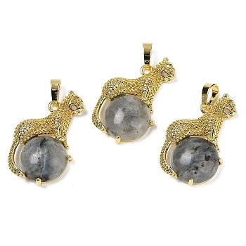 Natural Labradorite Ball with Leopard Shape Brass Pendants, Rack Plating, Cadmium Free & Lead Free, Long-Lasting Plated, 35x22x6.5mm, Hole: 7x3.5mm