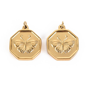 316 Surgical Stainless Steel Pendants, with Jump Rings, Hexagon with Butterfly, Real 14K Gold Plated, 18x15x2.5mm, Jump Ring: 3.8x0.5mm, 2.8mm inner diameter