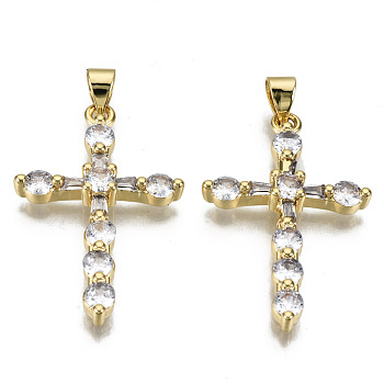 Brass Micro Pave Clear Cubic Zirconia Pendants, Nickel Free, Cross, Real 16K Gold Plated, 31.5x20x4mm, Hole: 3.5x4mm