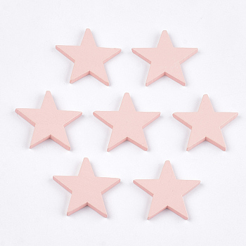 Painted Natural Wood Beads, Half Drilled, Star, Pink, 35~36x38x4mm, Half Hole: 1.2mm