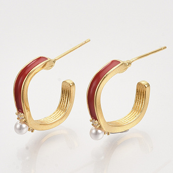 Brass Micro Pave Cubic Zirconia Stud Earrings, with Enamel, ABS Plastic Imitation Pearl, Nickel Free, Real 18K Gold Plated, Red, 17x3.5x18mm, Pin: 0.7mm