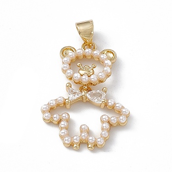 Rack Plating Brass Micro Pave Cubic Zirconia Pendants, with Plastic Imitation Pearl, Cadmium Free & Lead Free, Long-Lasting Plated, Bear Charm, Real 18K Gold Plated, 24x18x3mm, Hole: 3x4.5mm