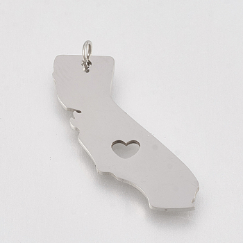 201 Stainless Steel Pendants, Map of California, Stainless Steel Color, 23x11x1mm, Hole: 3mm
