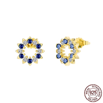 Flower 925 Sterling Silver Stud Earrings, with Midnight Blue Cubic Zirconia, with S925 Stamp, Real 14K Gold Plated, 8mm