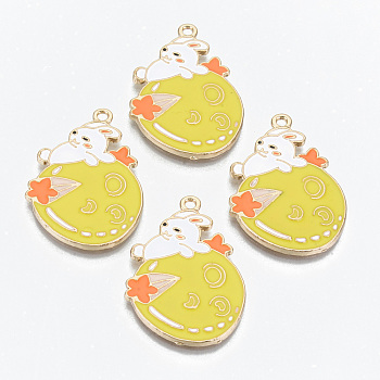 Alloy Enamel Pendants, Cadmium Free & Lead Free, Moon with Rabbit, Light Gold, Yellow, 34x24x1.5mm, Hole: 2mm