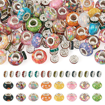 50Pcs Transparent Resin Rondelle European Beads, with Paillette & Platinum Tone Brass Cores, Large Hole Beads, with 100Pcs Rhinestone Spacer Beads, Mixed Color, 8~14x3.8~8.5mm, Hole: 2~5mm