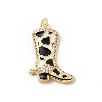 Brass Micro Pave Cubic Zirconia Pendants, Real 18K Gold Plated, Long-Lasting Plated, Rack Plating, Lead Free & Cadmium Free, Cowboy Boots Charms, with Enamel, Black, 28x21x5mm, Hole: 3mm