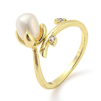 Flower Natural Pearl Cuff Ring with Rhinestone, Brass Finger Ring, Real 14K Gold Plated, US Size 5(15.7mm)