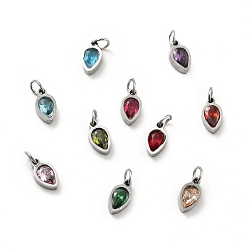 304 Stainless Steel Pendants, with Cubic Zirconia and Jump Rings, Single Stone Charms, Teardrop, Stainless Steel Color, Mixed Color, 9.5x5x2.5mm, Hole: 3.5mm