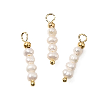 Natural Freshwater Pearl Beaded Pendants, Potato Charms, with Brass Findings, Real 18K Gold Plated, White, 22x4x3.5mm, Hole: 2.5mm
