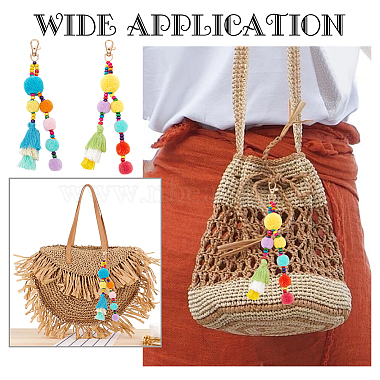 WADORN 2Pcs 2 Colors Colorful Boho Pompom Ball Tassel Polyester Pendant Decorations with Wood Bead for Women(AJEW-WR0001-72)-5