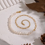 Natural Freshwater Pearl Beaded and 304 Stainless Steel Paperclip Chain Necklaces for Women, White, Real 18K Gold Plated, 13.39 inch(34cm)(IH6413-1)