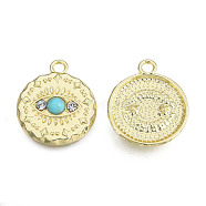 Rack Plating Alloy Pendants, with Crystal Rhinestone and Synthetic Turquoise, Flat Round with Horse Eye, Cadmium Free & Nickel Free & Lead Free, Light Gold, 21.5x18x4mm, Hole: 2.2mm(PALLOY-T077-186)