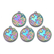 Rack Plating Rainbow Color Alloy Pendants, Cadmium Free & Nickel Free & Lead Free, Flat Round with Rocket & Spaceman, 28x25x1mm, Hole: 2mm(PALLOY-S180-299)