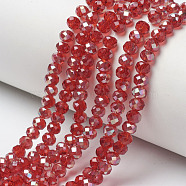 Electroplate Glass Beads Strands, Half Plated, Rainbow Plated, Faceted, Rondelle, FireBrick, 4x3mm, Hole: 0.4mm, about 123~127pcs/strand, 16.5~16.9 inch(42~43cm)(EGLA-A034-T4mm-J08)