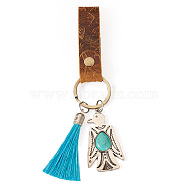 Cowhide Leather Keychain, with Nylon Tassels & Alloy Synthetic Turquoise Big Pendants, Antique Silver & Platinum, 15cm(KEYC-TAC00029)