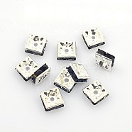 Brass Rhinestone Spacer Beads, Square, Nickel Free, Jet, Silver Color Plated, 8x8x4mm, Hole: 1mm(X-RSB074NF-04S)