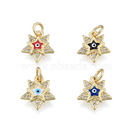 Brass Micro Pave Clear Cubic Zirconia Charms, with Enamel and Jump Rings, Real 18K Gold Plated, Nickel Free, Star with Evil Eye, Mixed Color, 13x11.5x2.5mm, Jump Ring: 5mm in diameter, 1mm thick, 3mm thick(KK-N227-107)