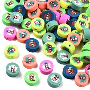 Handmade Polymer Clay Beads, Flat Round with Ghost, Mixed Color, 9.5x4.5mm, Hole: 1.2mm(CLAY-T020-33)
