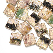 Natural Gemstone Chips Pendants, with Alloy Findings, Square, Light Gold, Mixed Color, 21~21.5x18~18.5x5mm, Hole: 1.8mm(PALLOY-T056-92)