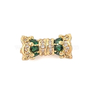 Rack Plating Brass Micro Pave Clear Cubic Zirconia Screw Clasps, Long-Lasting Plated, Lead Free & Cadmium Free, Flower, Green, Golden, 15x7mm, Hole: 2mm(KK-S384-25G-02)