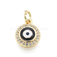 Brass Micro Pave Clear Cubic Zirconia Charms, with Enamel and Jump Rings, Golden, Flat Round with Evil Eye, Black, 11x9.5x2mm, Hole: 3mm(KK-I691-02A)