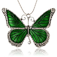 Alloy Enamel Big Pendants, Butterfly, Antique Silver, Green, 64x86x3mm, Hole: 3.5mm and 2.5mm(ENAM-L029-07D)