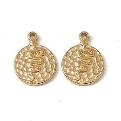 PVD Vacuum Plating 201 Stainless Steel Pendants, Textured, Flat Round with Snake Charm, Real 18K Gold Plated, 16.5x12x2mm, Hole: 1.5mm(STAS-J401-VC752)