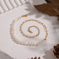 Natural Freshwater Pearl Beaded and 304 Stainless Steel Paperclip Chain Necklaces for Women, White, Real 18K Gold Plated, 13.39 inch(34cm)(IH6413-1)