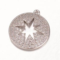 Brass Micro Pave Cubic Zirconia Pendants, Flat Round with Star, Platinum, 23x21x3mm, Hole: 1.5mm(ZIRC-H061-17P)