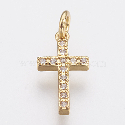 Brass Micro Pave Cubic Zirconia Pendants, Lead Free & Cadmium Free, Cross, Golden, 16x8.5x2mm, Hole: 2.5mm(ZIRC-F083-008G-RS)