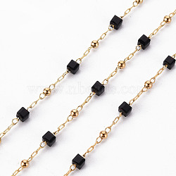 Handmade Acrylic Beaded Chains, with Brass Findings, Soldered, Spool, Square, Real 18K Gold Plated, Black, 2.5x2.5x2.5mm, 2x0.8x0.2mm, about 16.4 Feet(5m)/roll(CHC-S012-003)