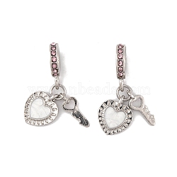 Rack Plating Alloy Light Rose Rhinestone European Dangle Charms, Key & Heart Large Hole Pendants with Enamel, Platinum, White, 27.5mm, Hole: 4.5mm(FIND-C055-27P-01)