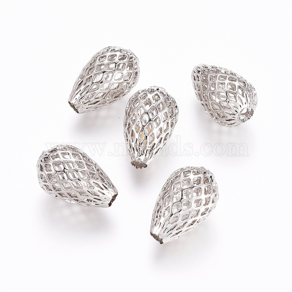 RackPlatingBrassFiligreeBeads,Hollow,Teardrop,Platinum,15x10mm,Hole:3mm