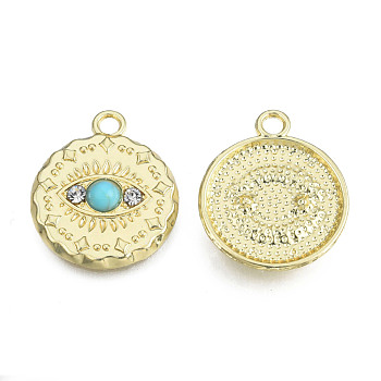 Rack Plating Alloy Pendants, with Crystal Rhinestone and Synthetic Turquoise, Flat Round with Horse Eye, Cadmium Free & Nickel Free & Lead Free, Light Gold, 21.5x18x4mm, Hole: 2.2mm