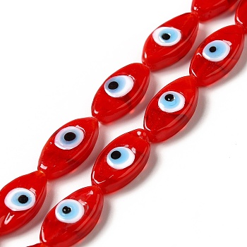 Handmade Evil Eye Lampwork Beads Strands, Horse Eye, Red, 15~16x8~8.5x3~4mm, Hole: 1.5mm, about 28pcs/strand, 16.85 inch(42.8cm)