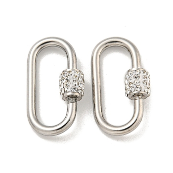304 Stainless Steel Screw Carabiner Lock Charms, for Necklaces Making, Quick Links, with Polymer Clay Rhinestone, Oval, 21x10x2mm