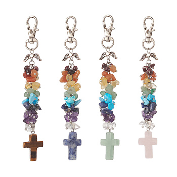 Chakra Gemstone Cross & Chips Beaded Keychain, with Alloy Swivel Lobster Claw Clasps, 133x20mm
