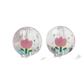 Transparent Printed Acrylic Beads, Round with Flower, Clear, 11.5mm, Hole: 2mm