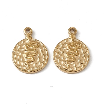Vacuum Plating 201 Stainless Steel Pendants, Textured, Flat Round with Snake Charm, Real 18K Gold Plated, 16.5x12x2mm, Hole: 1.5mm
