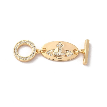 Brass Micro Pave Clear Cubic Zirconia Toggle Clasps, Oval, Real 18K Gold Plated, Link: 19.5x10.5x2mm, Hole: 2mm; Bar: 13.5x4x2.8mm, Hole: 1mm; Ring: 13.5x11.5x2mm, Hole: 0.9mm