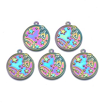 Rack Plating Rainbow Color Alloy Pendants, Cadmium Free & Nickel Free & Lead Free, Flat Round with Rocket & Spaceman, 28x25x1mm, Hole: 2mm