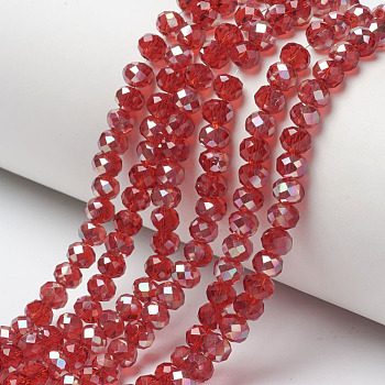 Electroplate Glass Beads Strands, Half Plated, Rainbow Plated, Faceted, Rondelle, FireBrick, 4x3mm, Hole: 0.4mm, about 123~127pcs/strand, 16.5~16.9 inch(42~43cm)